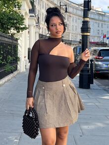 NegzBox Black Mesh Splice Asymmetrical Strapless Bodysuit For Women, Concert Outfit, Outfit Set, Festival Outfit, Summer Top Fall - Coffee Brown - View 1