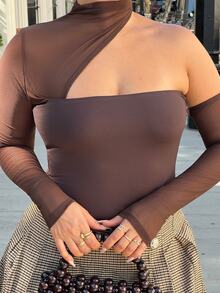 NegzBox Black Mesh Splice Asymmetrical Strapless Bodysuit For Women, Concert Outfit, Outfit Set, Festival Outfit, Summer Top Fall - Coffee Brown - View 6