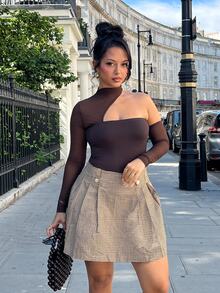 NegzBox Black Mesh Splice Asymmetrical Strapless Bodysuit For Women, Concert Outfit, Outfit Set, Festival Outfit, Summer Top Fall - Coffee Brown - View 3
