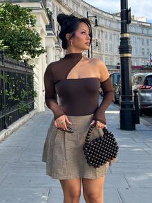NegzBox Black Mesh Splice Asymmetrical Strapless Bodysuit For Women, Concert Outfit, Outfit Set, Festival Outfit, Summer Top Fall - Coffee Brown - View 4