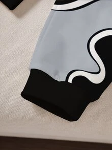 SHEIN Playful Pals 2件組男嬰運動休閒套裝，黑色灰色波浪拼接星星印花，長袖圓領，適合戶外秋季慢跑，舒適復仇者運動風 - 彩色 - 查看 8