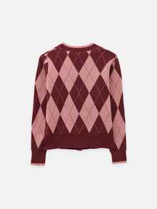 Nöista Cardigan Rajut Argyle Warna Burgundy dan Pink, Kerah Bulat, Kancing Depan. Cocok untuk Kembali ke Sekolah, Kantor, Bepergian, dan Gaya Chic Siang hingga Malam. Cardigan Musim Gugur/Musim Dingin. - Burgundy - View 10