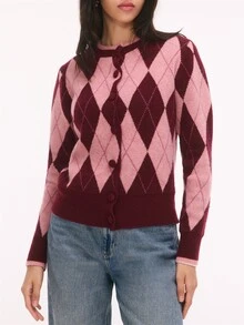 Nöista Cardigan Rajut Argyle Warna Burgundy dan Pink, Kerah Bulat, Kancing Depan. Cocok untuk Kembali ke Sekolah, Kantor, Bepergian, dan Gaya Chic Siang hingga Malam. Cardigan Musim Gugur/Musim Dingin. - Burgundy - View 5