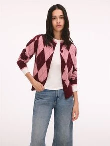 Nöista Cardigan Rajut Argyle Warna Burgundy dan Pink, Kerah Bulat, Kancing Depan. Cocok untuk Kembali ke Sekolah, Kantor, Bepergian, dan Gaya Chic Siang hingga Malam. Cardigan Musim Gugur/Musim Dingin. - Burgundy - View 1
