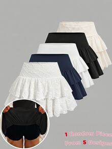 SHEIN 青少年女孩針織蕾絲休閒紋理抓褶A字雙層荷葉邊下擺溜冰裙 白色裙子，5款設計隨機發貨1件 - 白色 - 查看 1