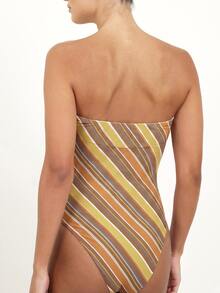 KSTM Strapless 1pc Swimsuit With Diagonal Stripe Print High Cut Leg Cheeky Bottom Summer Beach Holiday Swimwear - Multicolor - View 2