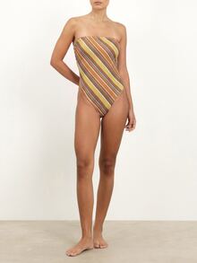 KSTM Strapless 1pc Swimsuit With Diagonal Stripe Print High Cut Leg Cheeky Bottom Summer Beach Holiday Swimwear - Multicolor - View 3