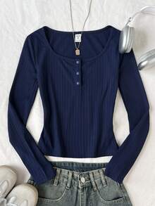 SHEIN Tween Girl Tween Girl Tween Girl Tween Girls Ribbed Crew Neck Elastic Slim Fit All-Match Versatile Minimalist Long Sleeve T-Shirt, Comfortable - Navy Blue - View 2