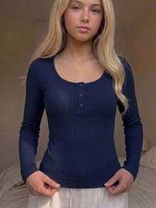 SHEIN Tween Girl Tween Girl Tween Girl Tween Girls Ribbed Crew Neck Elastic Slim Fit All-Match Versatile Minimalist Long Sleeve T-Shirt, Comfortable - Navy Blue - View 7