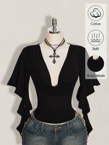 SHEIN ICON 夏季 Y2k 女款黑色性感外出純色荷葉邊領喇叭袖時尚上衣 - 黑色 - 查看 8