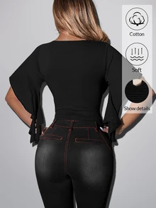 SHEIN ICON 夏季 Y2k 女款黑色性感外出純色荷葉邊領喇叭袖時尚上衣 - 黑色 - 查看 14