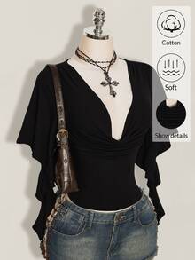SHEIN ICON 夏季 Y2k 女款黑色性感外出純色荷葉邊領喇叭袖時尚上衣 - 黑色 - 查看 7