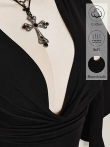 SHEIN ICON 夏季 Y2k 女款黑色性感外出純色荷葉邊領喇叭袖時尚上衣 - 黑色 - 查看 4