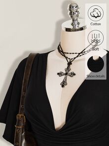 SHEIN ICON 夏季 Y2k 女款黑色性感外出純色荷葉邊領喇叭袖時尚上衣 - 黑色 - 查看 12