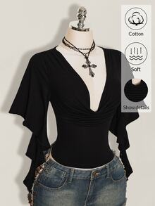 SHEIN ICON 夏季 Y2k 女款黑色性感外出純色荷葉邊領喇叭袖時尚上衣 - 黑色 - 查看 3