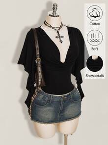 SHEIN ICON 夏季 Y2k 女款黑色性感外出純色荷葉邊領喇叭袖時尚上衣 - 黑色 - 查看 9