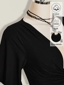 SHEIN ICON 夏季 Y2k 女款黑色性感外出純色荷葉邊領喇叭袖時尚上衣 - 黑色 - 查看 6