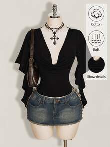 SHEIN ICON 夏季 Y2k 女款黑色性感外出純色荷葉邊領喇叭袖時尚上衣 - 黑色 - 查看 10