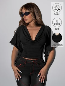 SHEIN ICON 夏季 Y2k 女款黑色性感外出純色荷葉邊領喇叭袖時尚上衣 - 黑色 - 查看 16