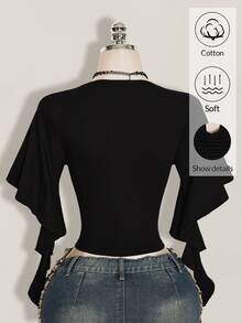 SHEIN ICON 夏季 Y2k 女款黑色性感外出純色荷葉邊領喇叭袖時尚上衣 - 黑色 - 查看 2