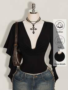 SHEIN ICON 夏季 Y2k 女款黑色性感外出純色荷葉邊領喇叭袖時尚上衣 - 黑色 - 查看 1