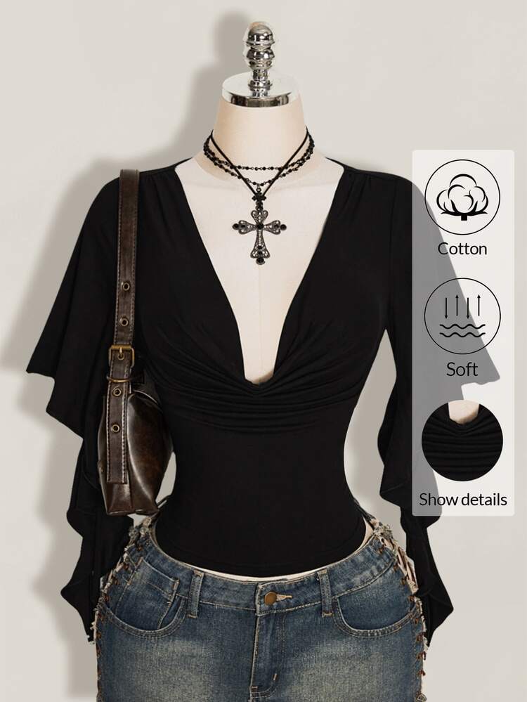 SHEIN ICON Summer Y2k Women's Black Sexy Going Out Solid Color Ruffled Collar Flare Sleeve Fashionable Blouse - Black - View 1