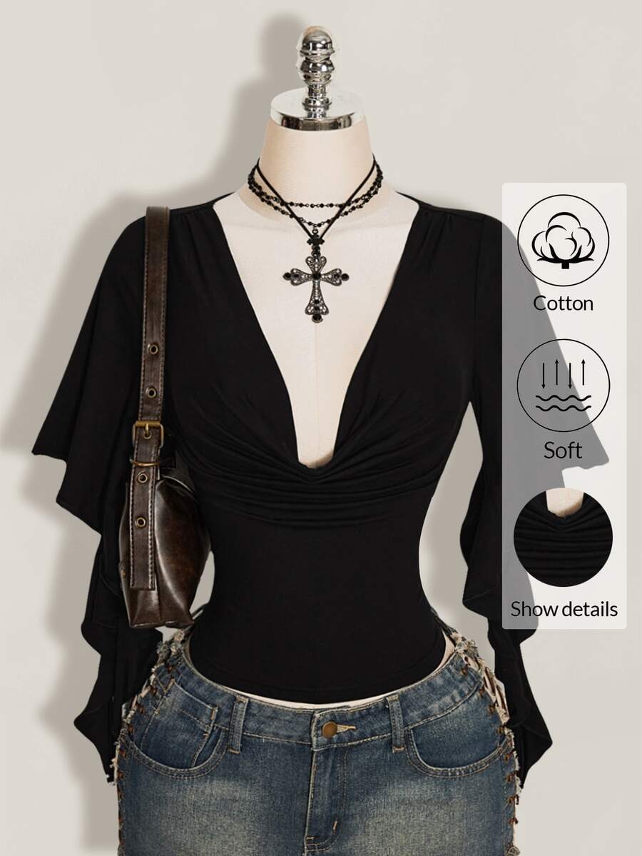 SHEIN ICON 夏季 Y2k 女款黑色性感外出純色荷葉邊領喇叭袖時尚上衣 - 黑色 - 查看 1