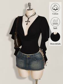 SHEIN ICON 夏季 Y2k 女款黑色性感外出純色荷葉邊領喇叭袖時尚上衣 - 黑色 - 查看 11