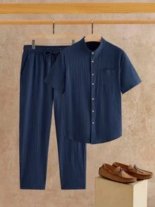EASEVO Men's Plus Size Solid Color Short Sleeve Shirt And Pants Casual Set - Blue - View 5