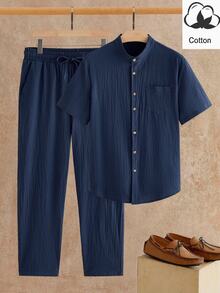 EASEVO Men's Plus Size Solid Color Short Sleeve Shirt And Pants Casual Set - Blue - View 1