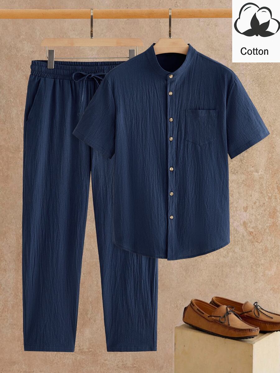 EASEVO Men's Plus Size Solid Color Short Sleeve Shirt And Pants Casual Set - Blue - View 1