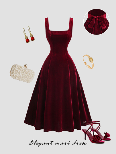 Sweetra French Elegant Princess Style Banquet Party Dress, Exquisite Velvet Fabric, Elegant Casual Cinched Cinched Waist Design, Minimalist Sexy Aesthetic, New Autumn Long Dress For Women