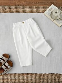 SHEIN 男女童休闲宽松卡其色裤子，春夏款，婴幼儿下装，校服裤 - 白色 - 查看 4