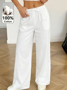 SHEIN 青少年女孩休閒紋理白色長褲 - 彩色 - 查看 1