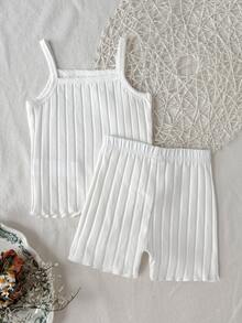 SHEIN Young Girls Spring/Summer Camisole Top & Shorts Solid Color Multi-Color Camisole Top & Shorts Set Underwear Set 1-Piece Set "Four Seasons" "Four Seasons" - White - View 5