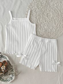 SHEIN Young Girls Spring/Summer Camisole Top & Shorts Solid Color Multi-Color Camisole Top & Shorts Set Underwear Set 1-Piece Set "Four Seasons" "Four Seasons" - White - View 4