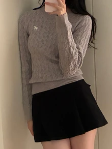 DAZY Women's Pattern Embroidered Fitted Long Sleeve Crew Neck Cable Knit Casual Vacation Korean Style Autumn/Winter Sweater - Grey - View 5