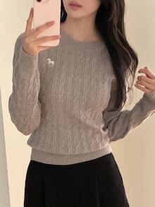 DAZY Women's Pattern Embroidered Fitted Long Sleeve Crew Neck Cable Knit Casual Vacation Korean Style Autumn/Winter Sweater - Grey - View 4