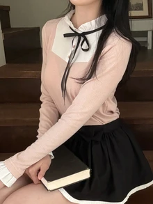DAZY 女款拼接對比色蝴蝶結長袖修身優雅正式度假風春秋百搭T恤 - 粉色 - 查看 8