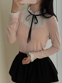 DAZY 女款拼接對比色蝴蝶結長袖修身優雅正式度假風春秋百搭T恤 - 粉色 - 查看 7