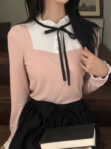 DAZY 女款拼接對比色蝴蝶結長袖修身優雅正式度假風春秋百搭T恤 - 粉色 - 查看 5