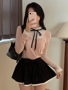 DAZY 女款拼接對比色蝴蝶結長袖修身優雅正式度假風春秋百搭T恤 - 粉色 - 查看 2
