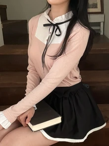 DAZY 女款拼接對比色蝴蝶結長袖修身優雅正式度假風春秋百搭T恤 - 粉色 - 查看 4
