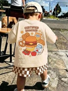 Baby Boy Simple Cartoon Print Round Neck T-Shirt And Plaid Shorts Set, Suitable For Summer - Multicolor - View 1