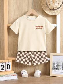 Baby Boy Simple Cartoon Print Round Neck T-Shirt And Plaid Shorts Set, Suitable For Summer - Multicolor - View 5