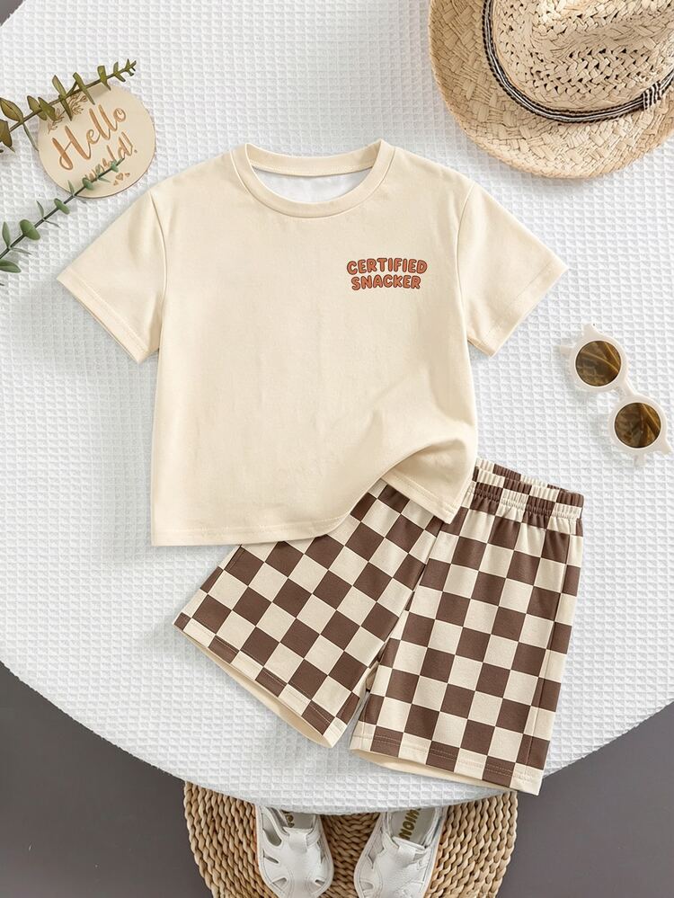 Baby Boy Simple Cartoon Print Round Neck T-Shirt And Plaid Shorts Set, Suitable For Summer - Multicolor - View 3