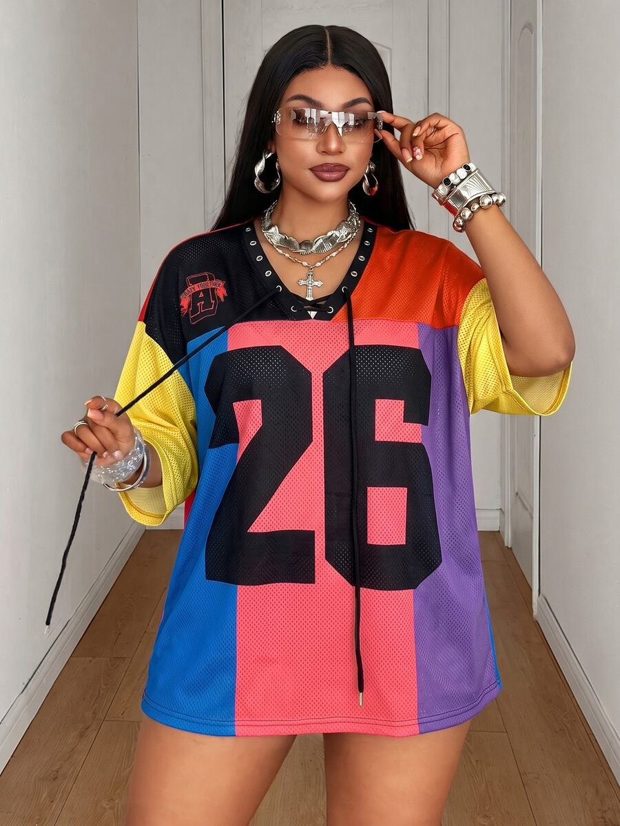 Maweii Plus Size Women Sexy Summer Vacation Colorblock Mesh Fabric Patchwork Eyelet Ribbon Drawstring Letter & Number Print Short Sleeve T-Shirt - Multicolor - View 1
