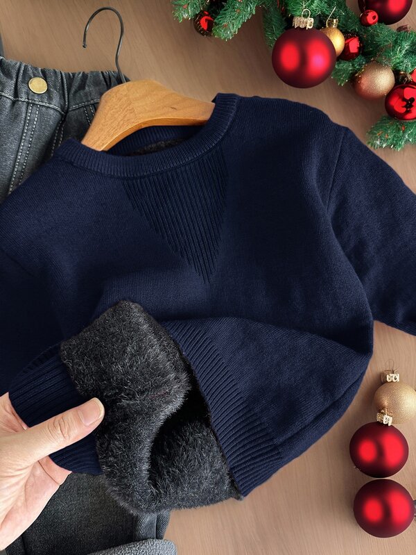 SHEIN Young Boy Casual Versatile Thermal Lined Thick Knit Pullover Sweater, Red, Black, Vintage, Suitable For Christmas, Party, Vacation, Autumn Outfit, Suitable For Autumn/Winter