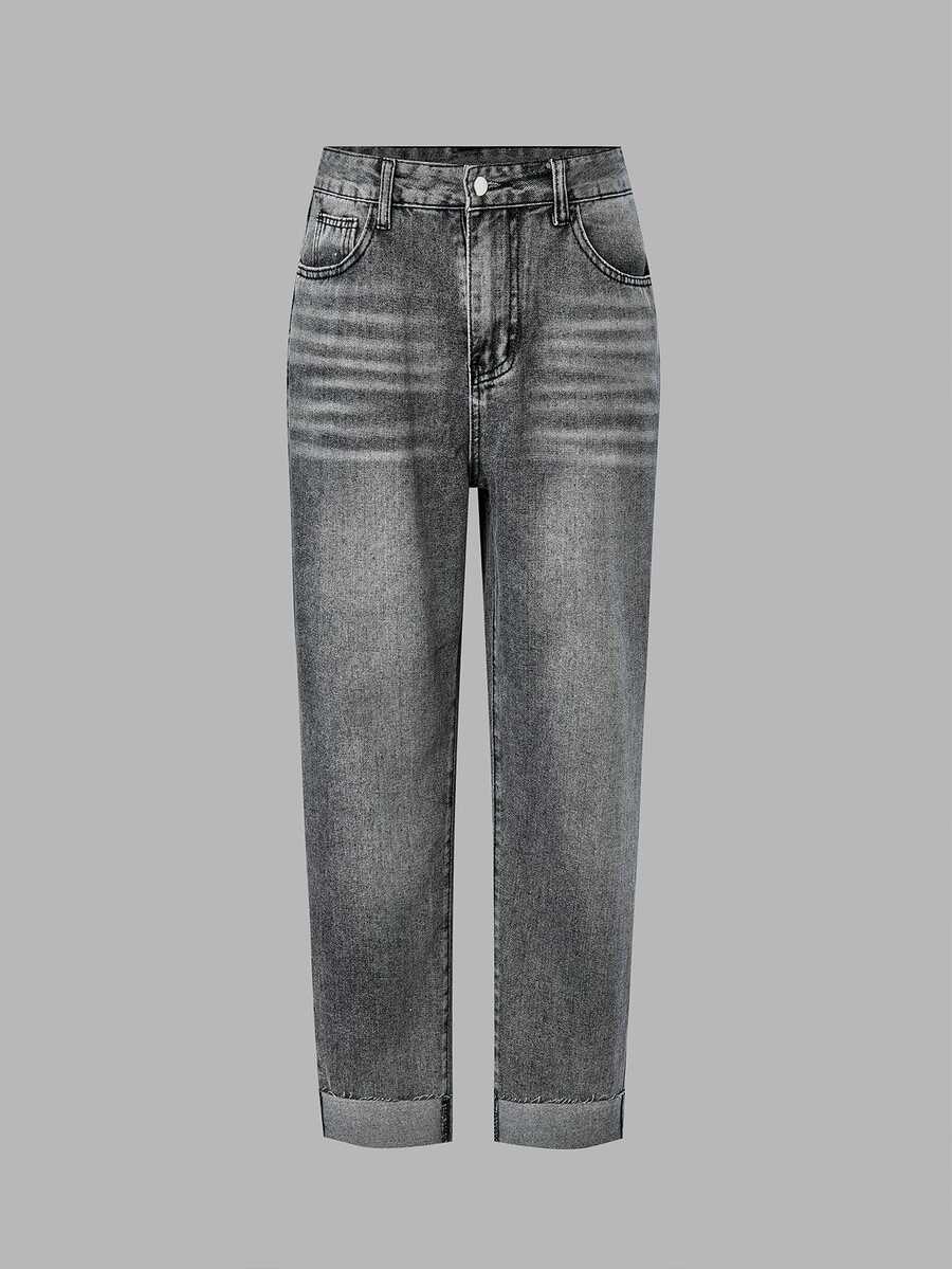 SHEIN LUNE 女式口袋卷边锥形休闲百搭牛仔裤 - 灰色 - 查看 1