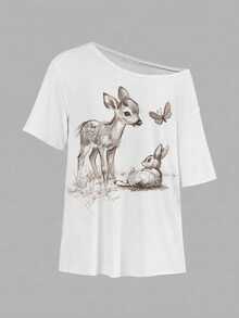 Tseoso 女款 95% 棉落肩 T-shirt，可愛兔子/鹿圖案，休閒基礎款，夏季 Y2K 復古，軟妹風 - 白色 - 查看 6